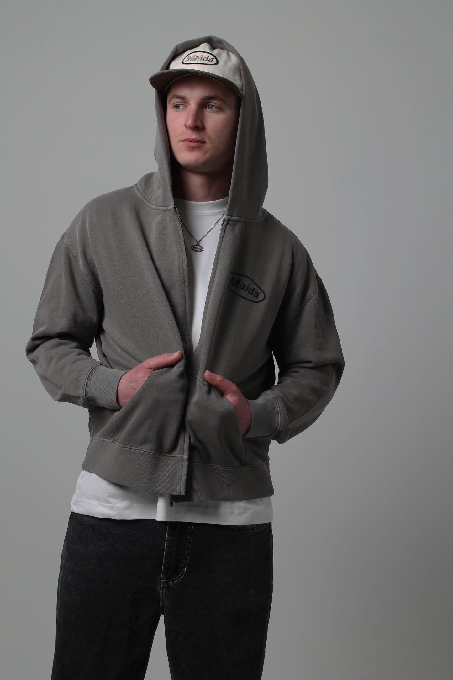 Faded Grey Zip Up Hood